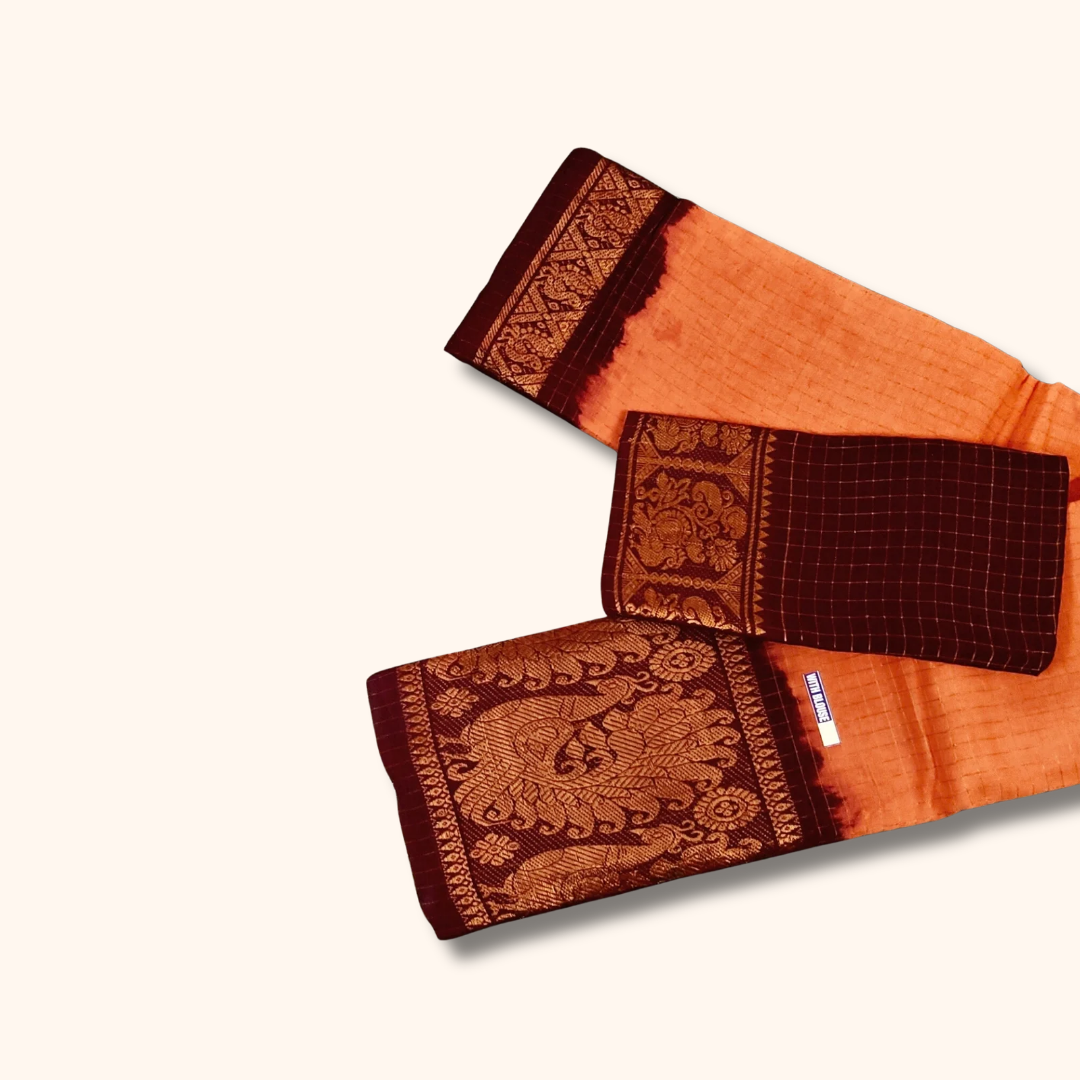 Orange & Maroon Pure Sungudi Cotton Saree with Traditional Zari Border
