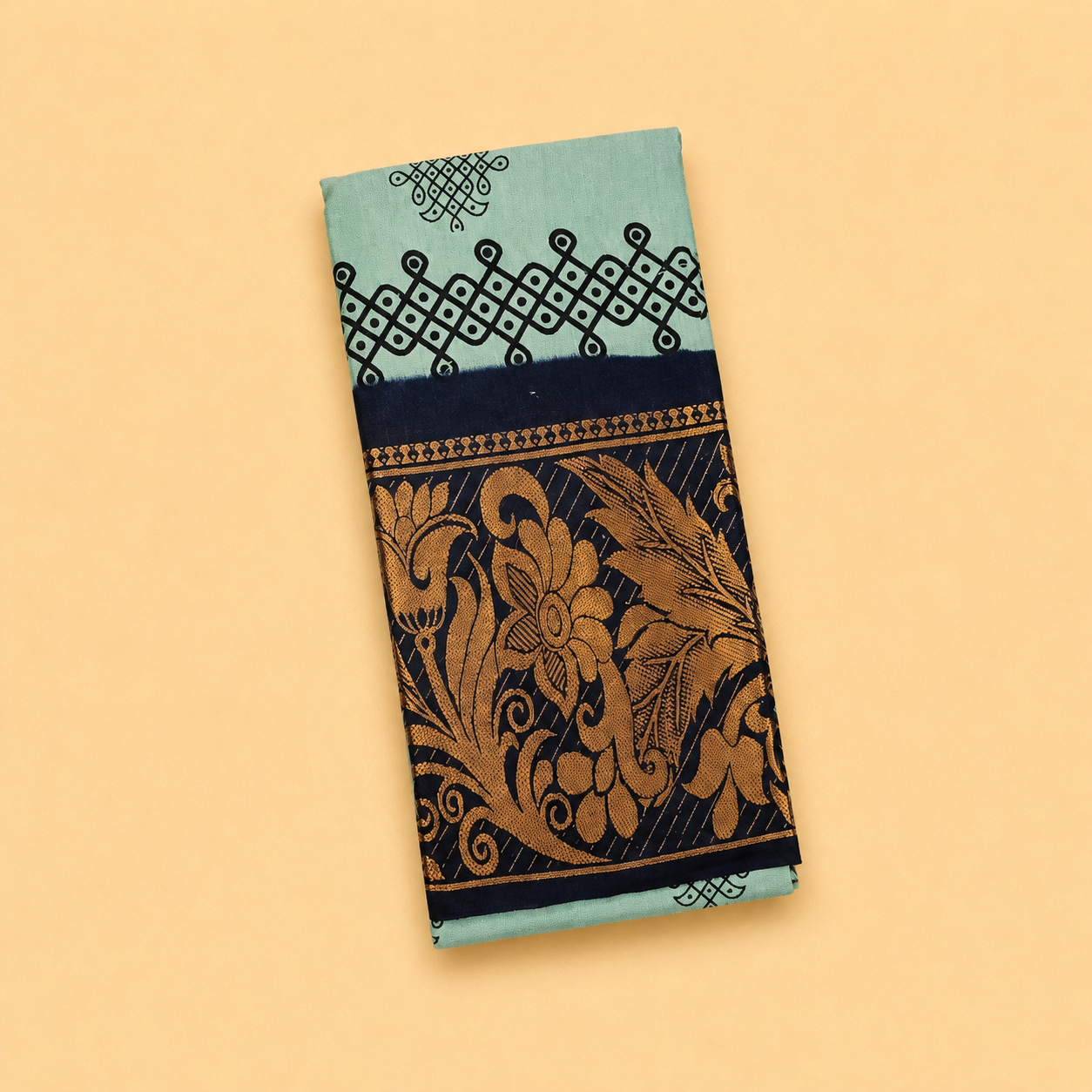 Authentic Kolam Sage Green Printed Cotton Saree with Navy Blue Floral Border