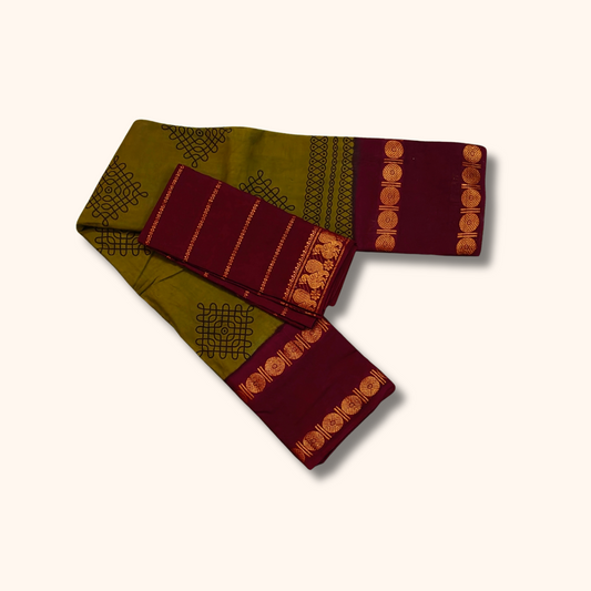 Olive Green Sungudi Cotton Saree with Black Kolam Motifs & Maroon Zari Border