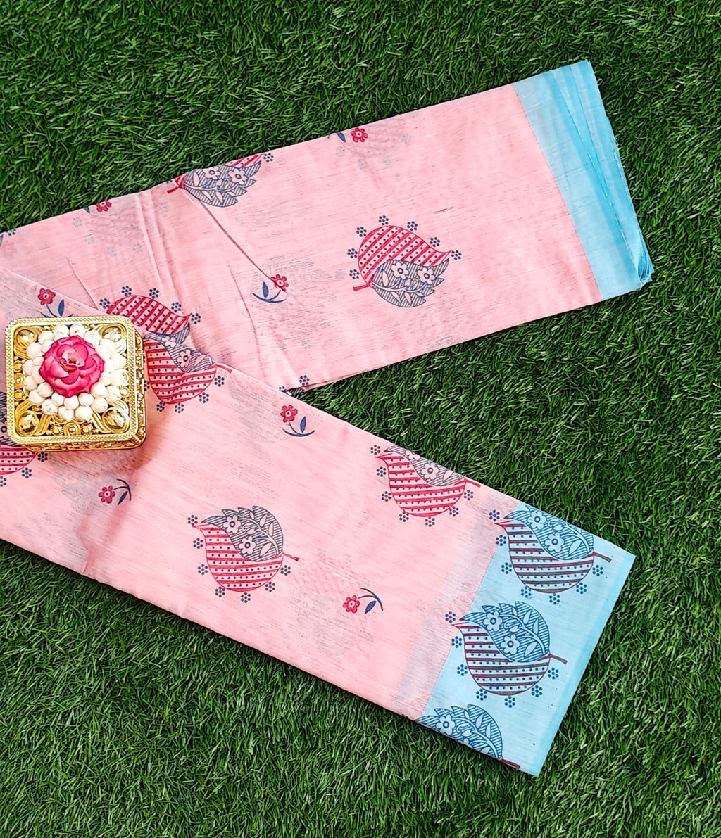 Blush Pink with Sky Blue Border South Indian Pure Cotton Printed Saree