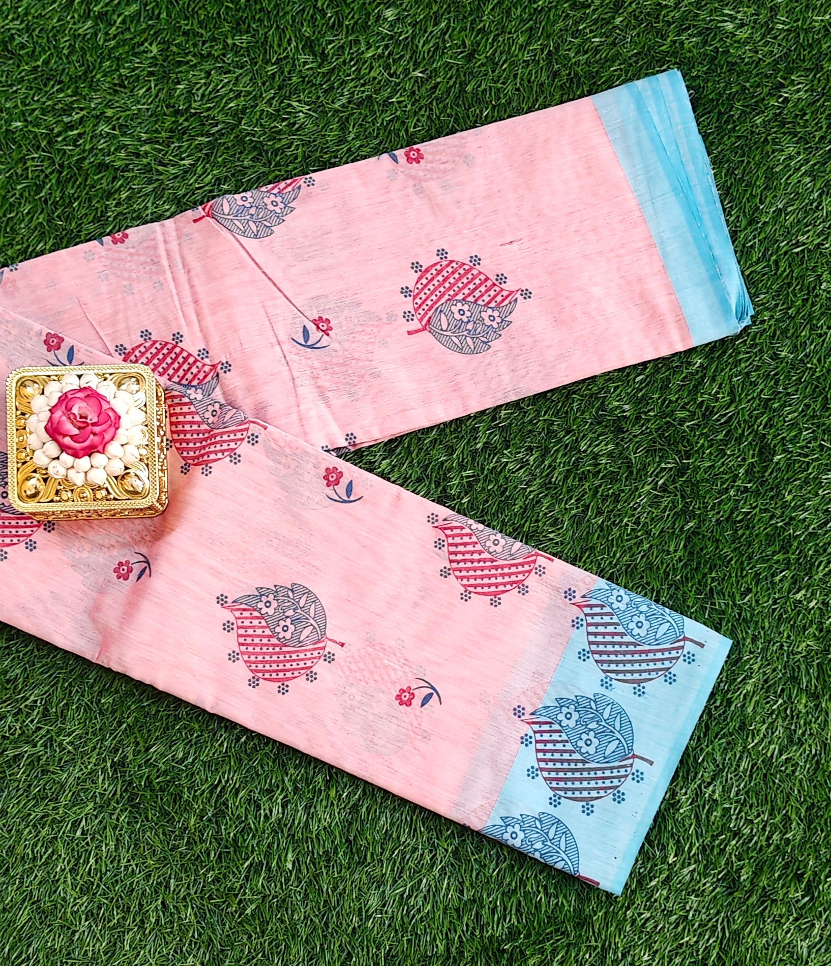 Blush Pink with Sky Blue Border South Indian Pure Cotton Printed Saree