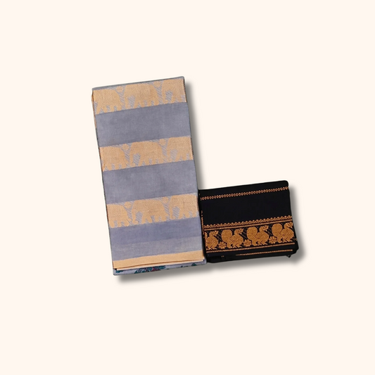 Pastel Blue Elephant Border Cotton Saree with Separate Blouse