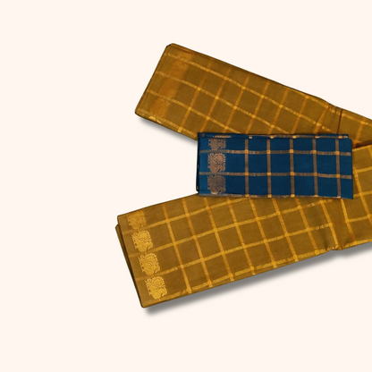 Pavithra Kattam Sungudi Cotton Saree – Mustard Gold with Gold Checks & Traditional Motif Border