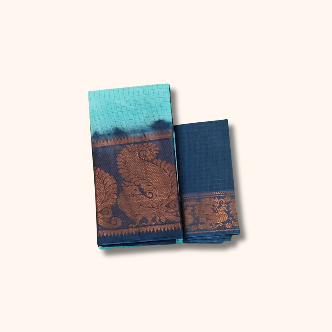 Sky Blue Thread Work Sungudi Cotton Saree with Peacock Border