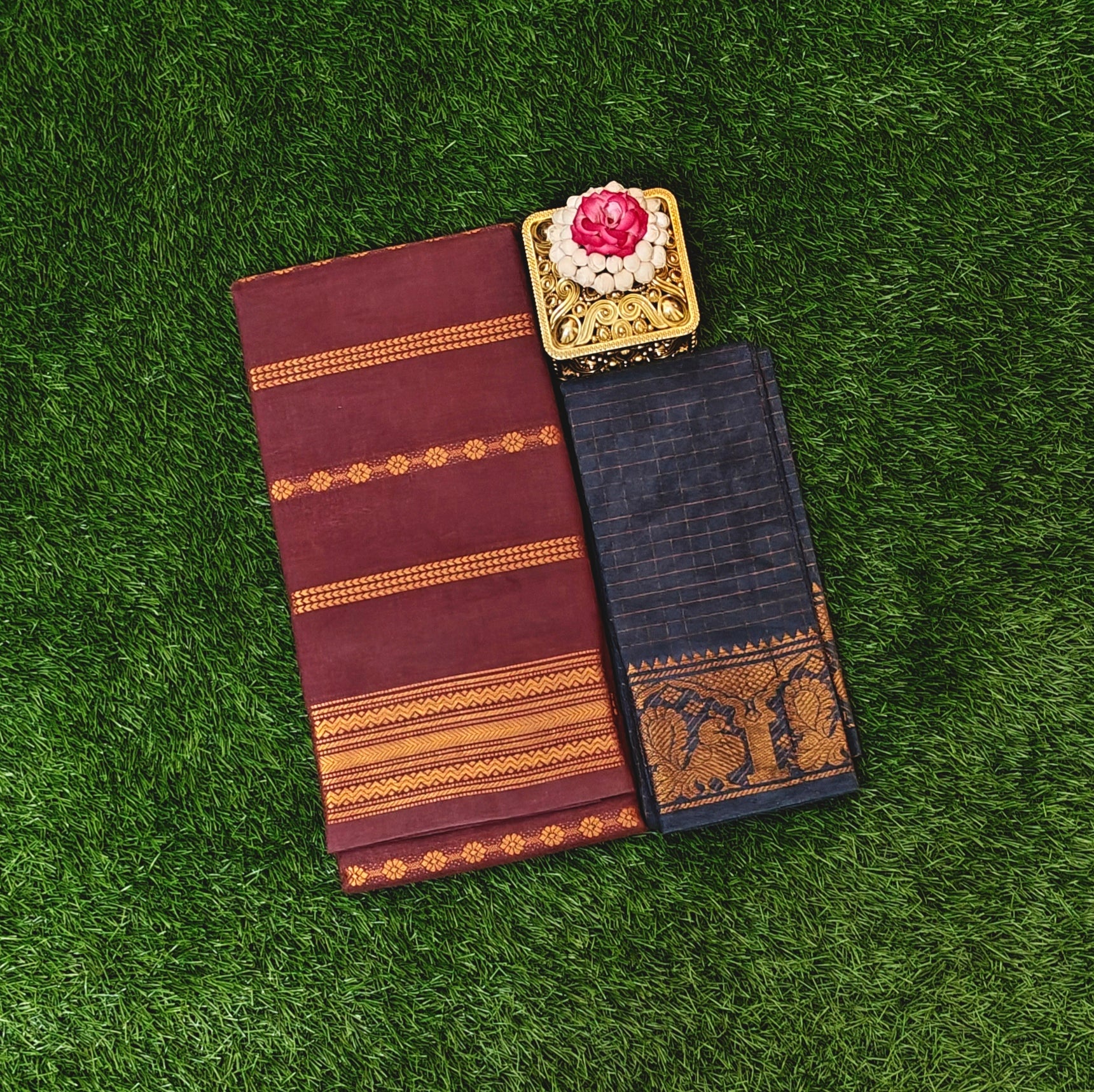 Beautiful Maroon Sungudi Cotton Saree with Contrast Blouse