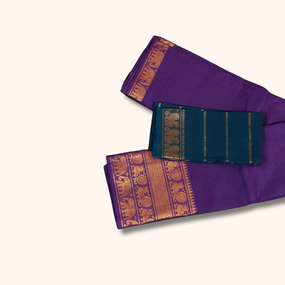 Purple Pure Cotton Saree with Teal Blue Contrast Blouse