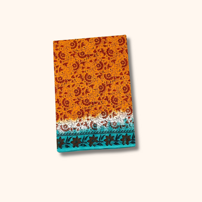 Mustard Yellow Floral Printed Cotton Saree with Turquoise Blue Border