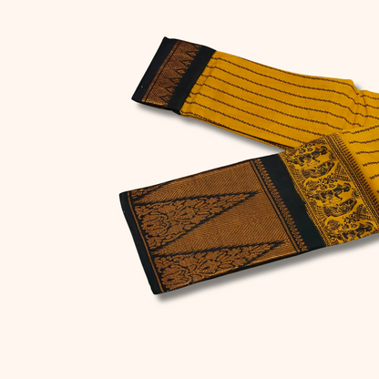 Mustard Yellow Sungudi Saree with Traditional Black Temple Border