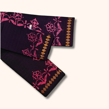 Deep Purple Sungudi Cotton Saree with Pink Batik Floral Design & Matching Blouse Piece