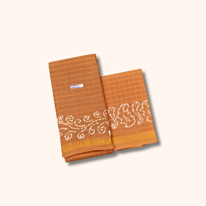 Peach Orange Sungudi Cotton Saree with White Batik Floral Design & Matching Blouse Piece