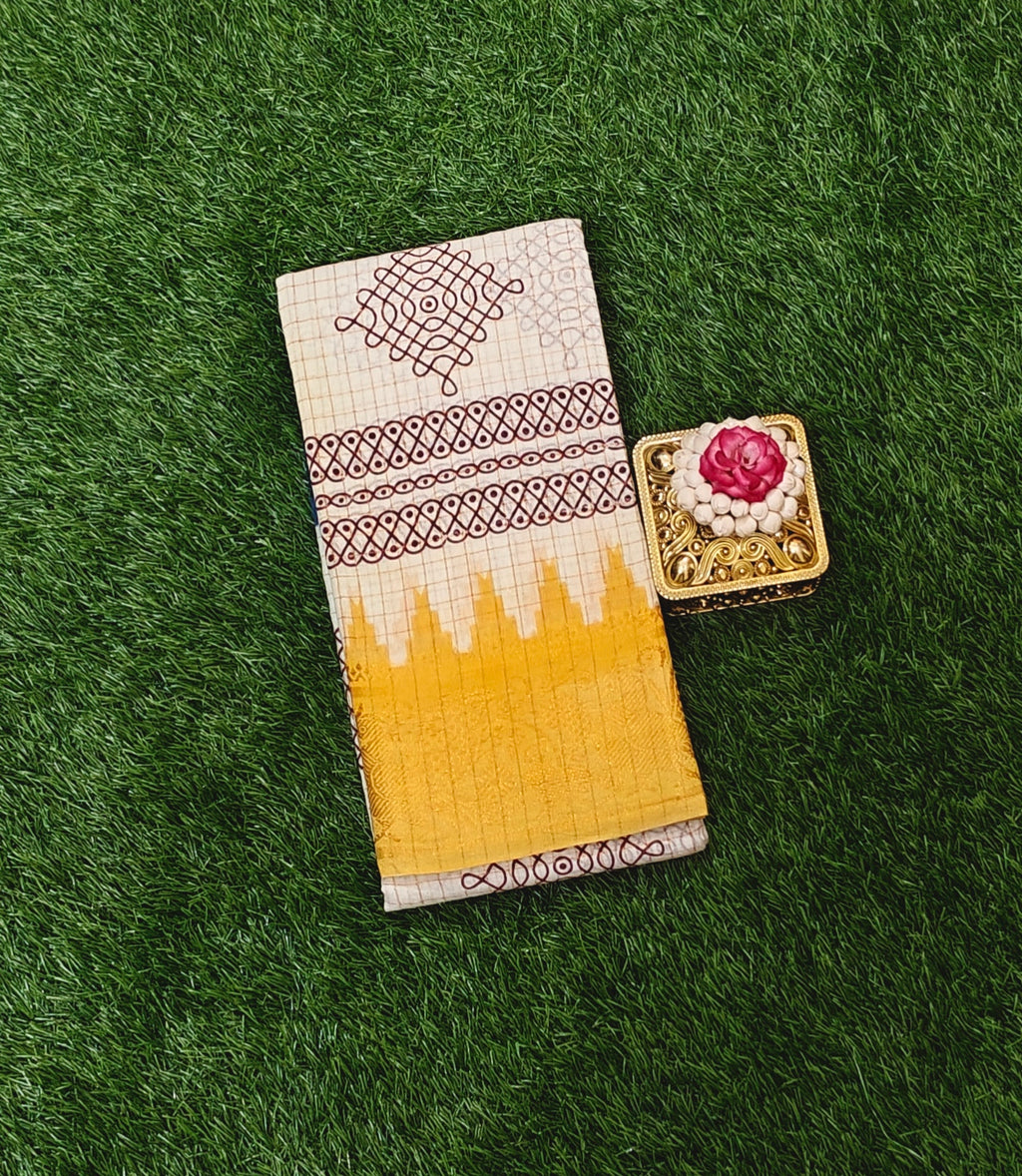 Beige Kolam Design Sungudi Cotton Saree with Royal Blue Border & Mustard Yellow Pallu with Yellow Shaded Body