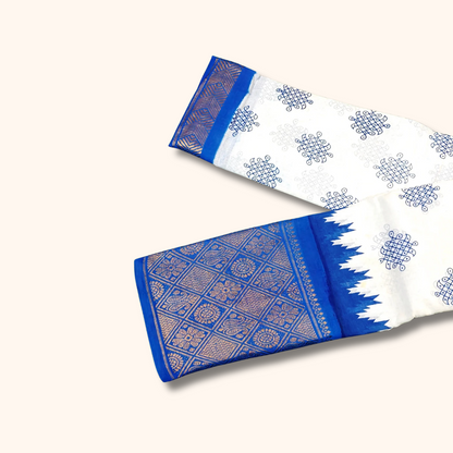 White & Royal Blue Traditional Printed Sungudi Cotton Saree with Designer Blue Border
