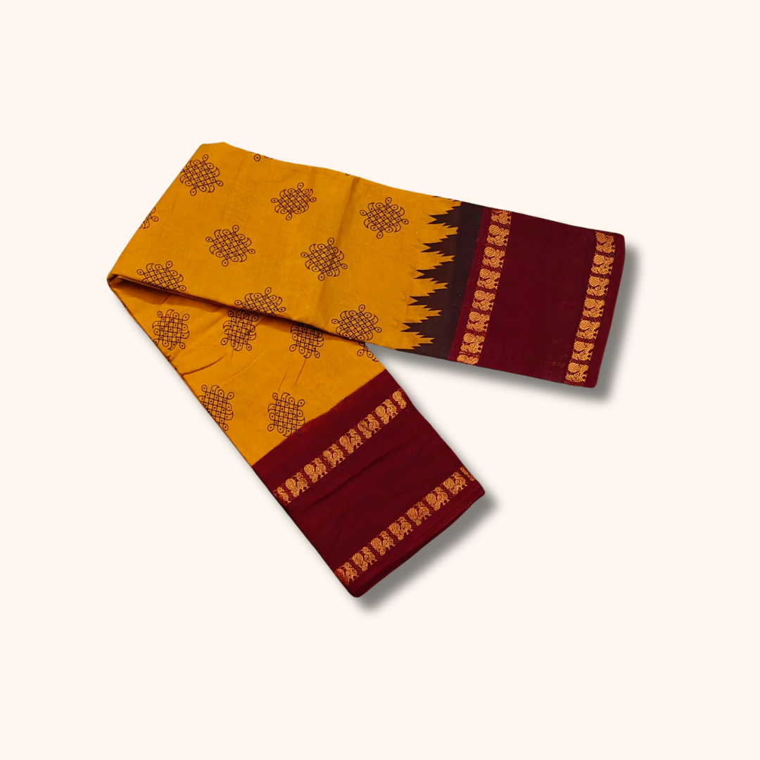 Mustard Yellow Sungudi Cotton Saree with Maroon Peacock Border – Running Blouse