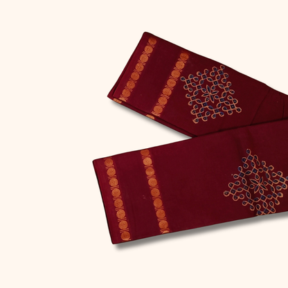 Maroon Kolam Design Cotton Saree with Gold Border and Running Blouse