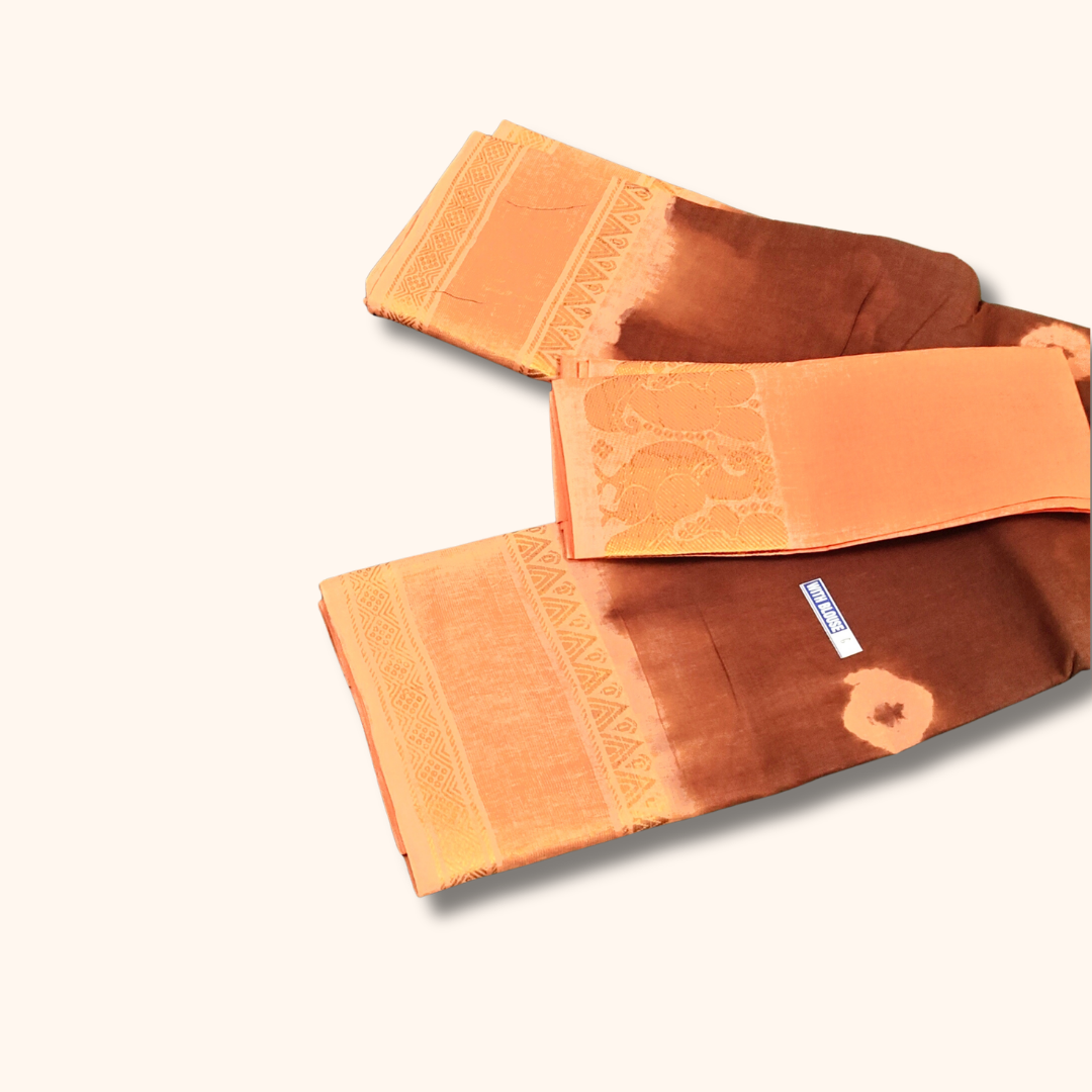 Brown & Peach Cotton Saree with Zari Border and Separate Blouse Piece