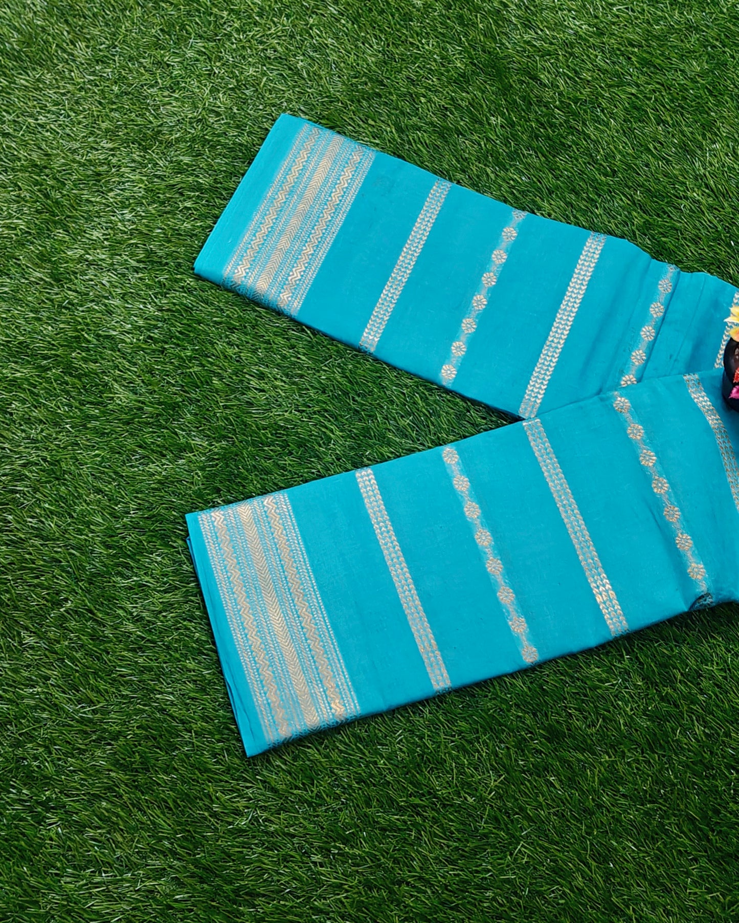 Authentic Turquoise Blue Cotton Saree with Gold Zari Border