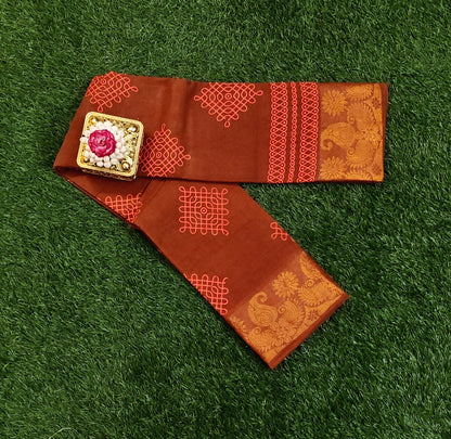 Rust Orange Sungudi Cotton Saree with Kolam Motifs & Paisley Zari Border