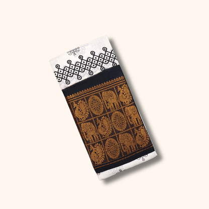 White Kolam Cotton Saree with Black Temple Border & Traditional Elephant Motifs