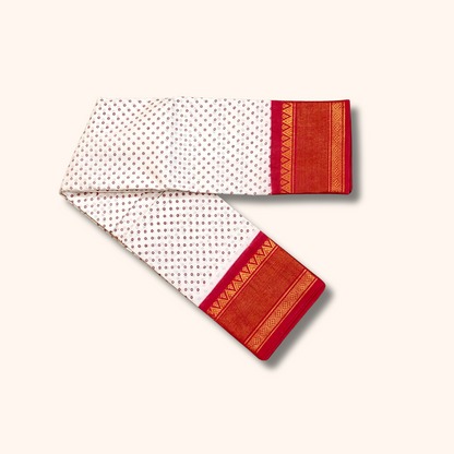 Off-White & Red Sungudi Cotton Saree with Tiny Dot Pattern & Zari Border
