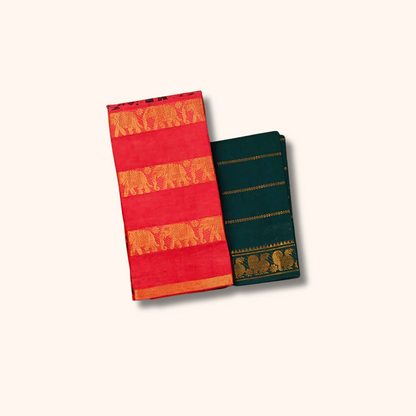 Coral Red Elephant Print Cotton Saree with Separate Blouse