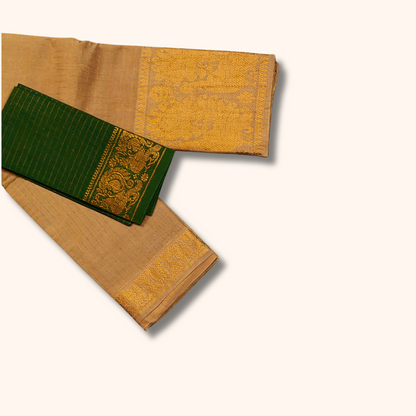Beige Sungudi Cotton Saree with Gold Zari Peacock Border & Bottle Green Blouse