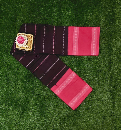 Dark Maroon Sungudi Cotton Saree with Silver Line Design & Pink Contrast Border