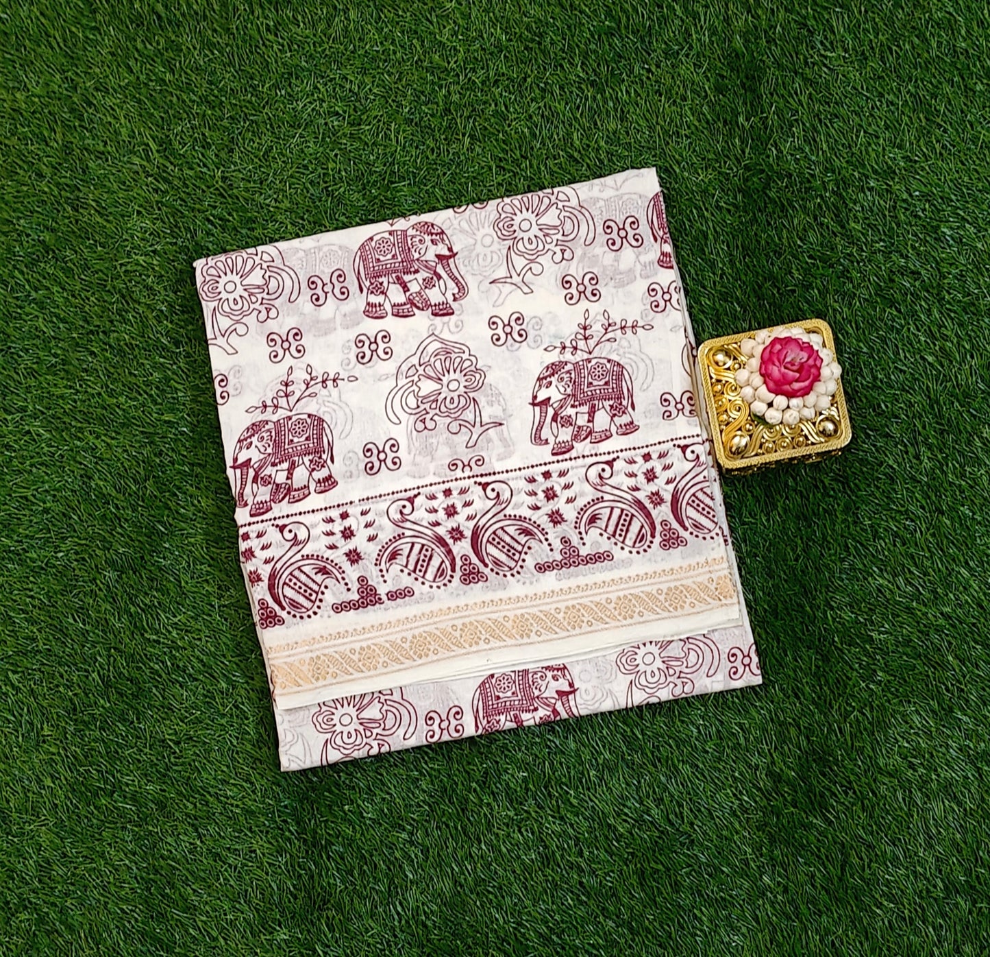 Attractive Off White Elephant Print Cotton Saree with Traditional Border