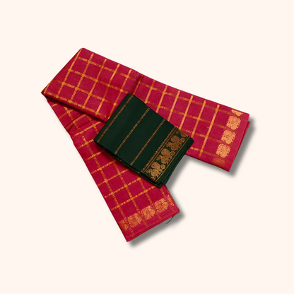 Maroon Checked Saree with Golden Zari Checks & Traditional Border – Separate Blouse Piece