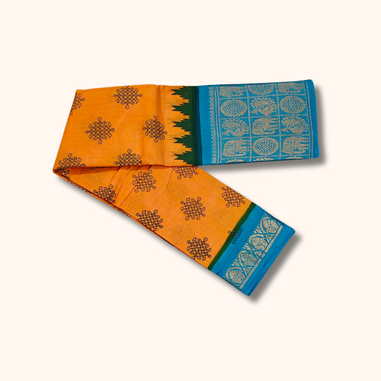 Mustard Yellow Kolam Cotton Saree with Sky Blue Elephant Zari Border