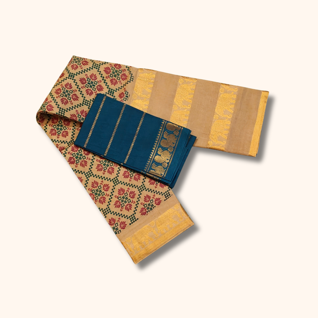 Beige Floral Printed Pure Cotton Saree with Blue Contrast Blouse