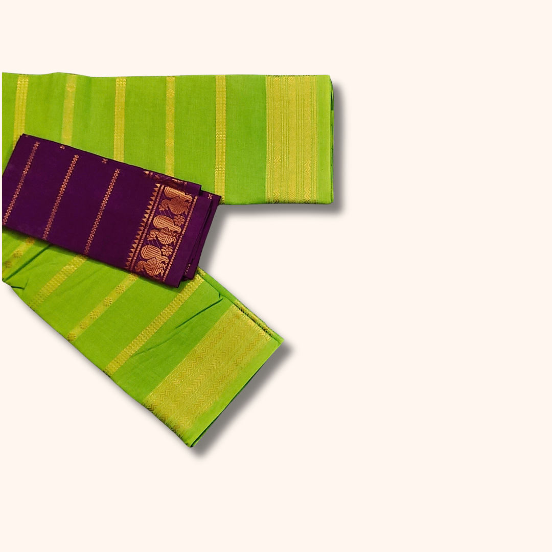 Parrot Green Sungudi Cotton Saree with Purple Blouse – Separate Blouse Piece