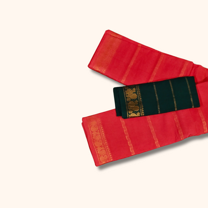 Bright Red Cotton Saree with Bottle Green Separate Blouse