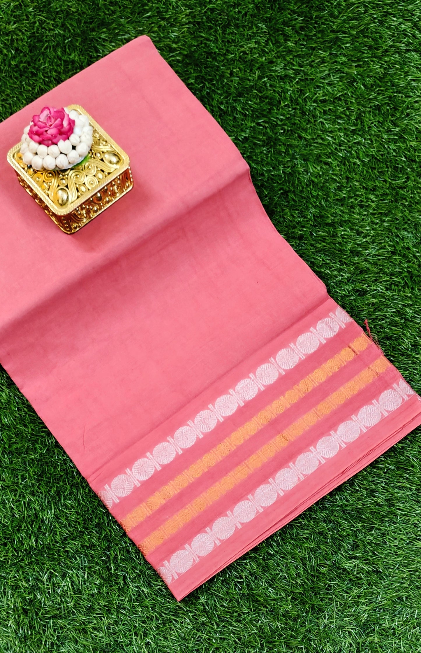 Rose Pink Sungudi Cotton Saree with Silver & Gold Striped Border