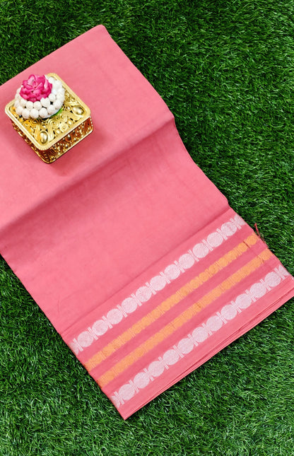 Rose Pink Sungudi Cotton Saree with Silver & Gold Striped Border