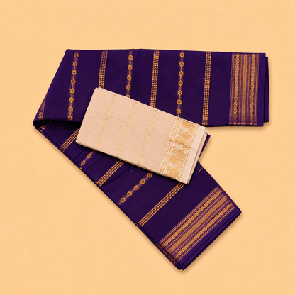Royal Purple Cotton Saree with Off-White Contrast Border & Separate Blouse