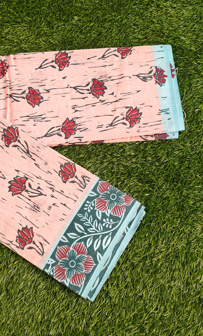 South Indian Pure Cotton Saree with Floral Block Print – Peach Pink Shade