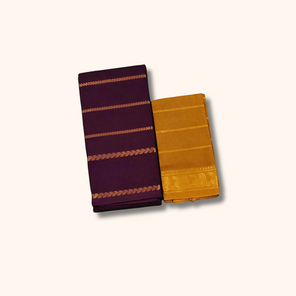 Maroon Cotton Saree with Mustard Contrast Blouse & Zari Border