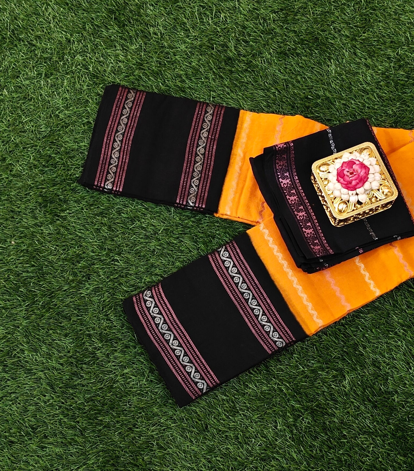 Orange Cotton Saree with Separate Black Blouse Sungudi saree