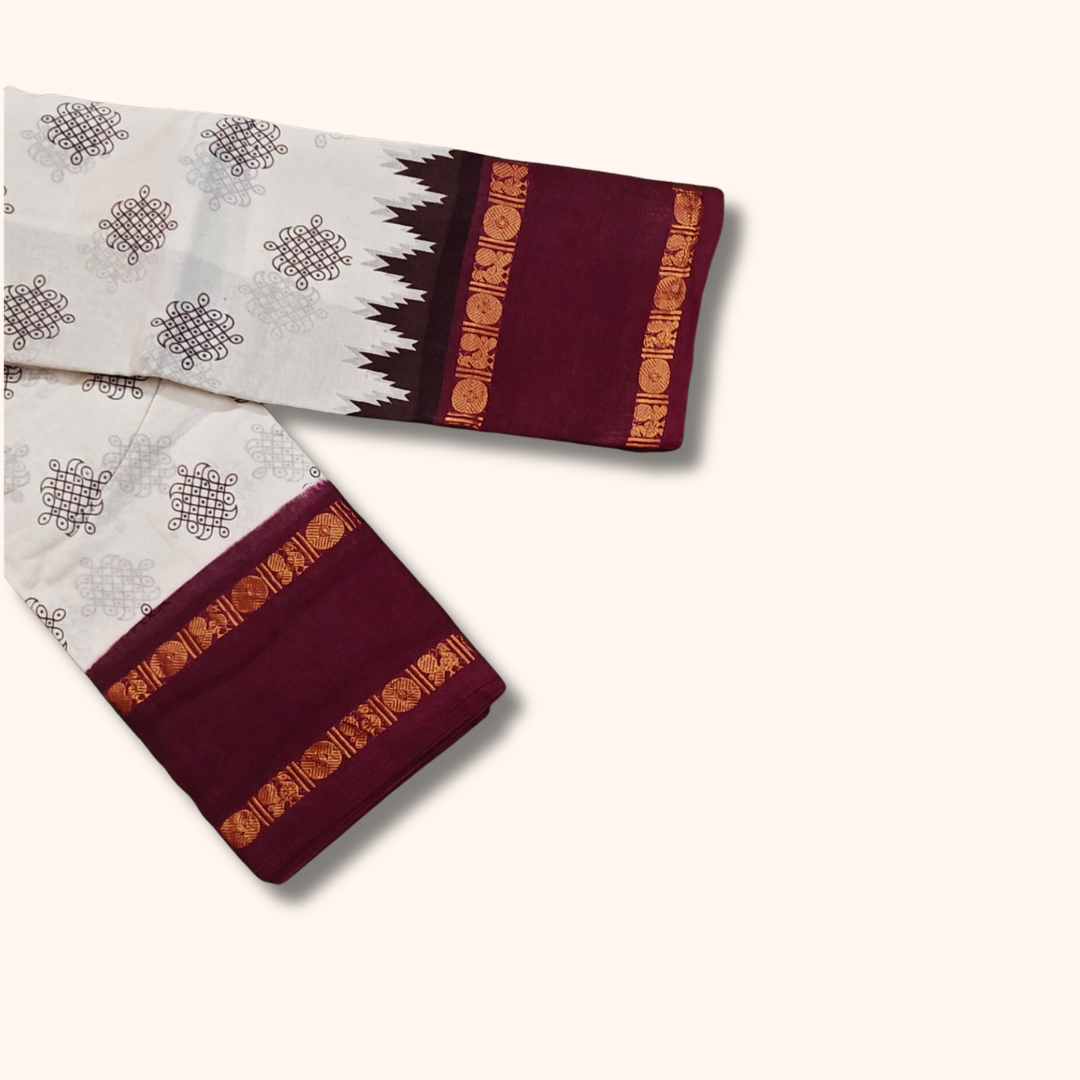 White Sungudi Cotton Saree with Maroon Traditional Border – Running Blouse