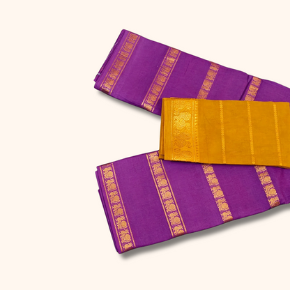 Royal Purple Cotton Saree with Gold Zari Border & Mustard Yellow Separate Blouse