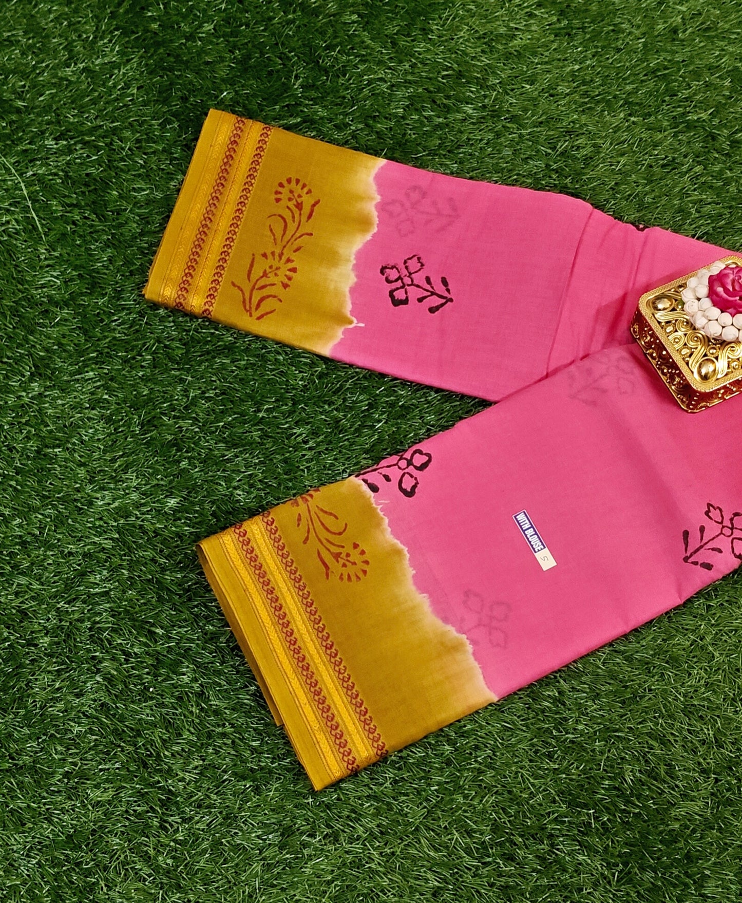 Bright Pink Sungudi Cotton Saree with Mustard Zari Border & Running Blouse