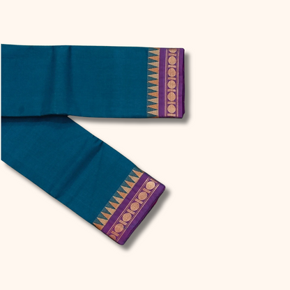 Peacock Blue Chettinad Cotton Saree with Violet Temple Border