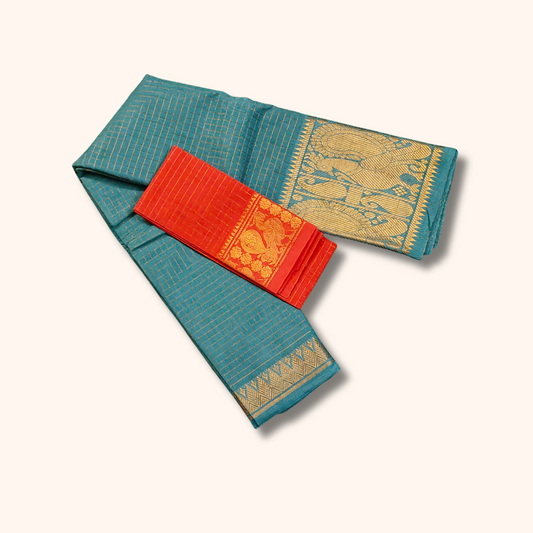 Turquoise Blue Sungudi Cotton Saree with Gold Zari Peacock Border
