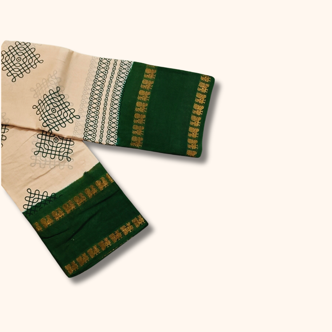 Cream Sungudi Cotton Saree with Green Border & Gold Zari