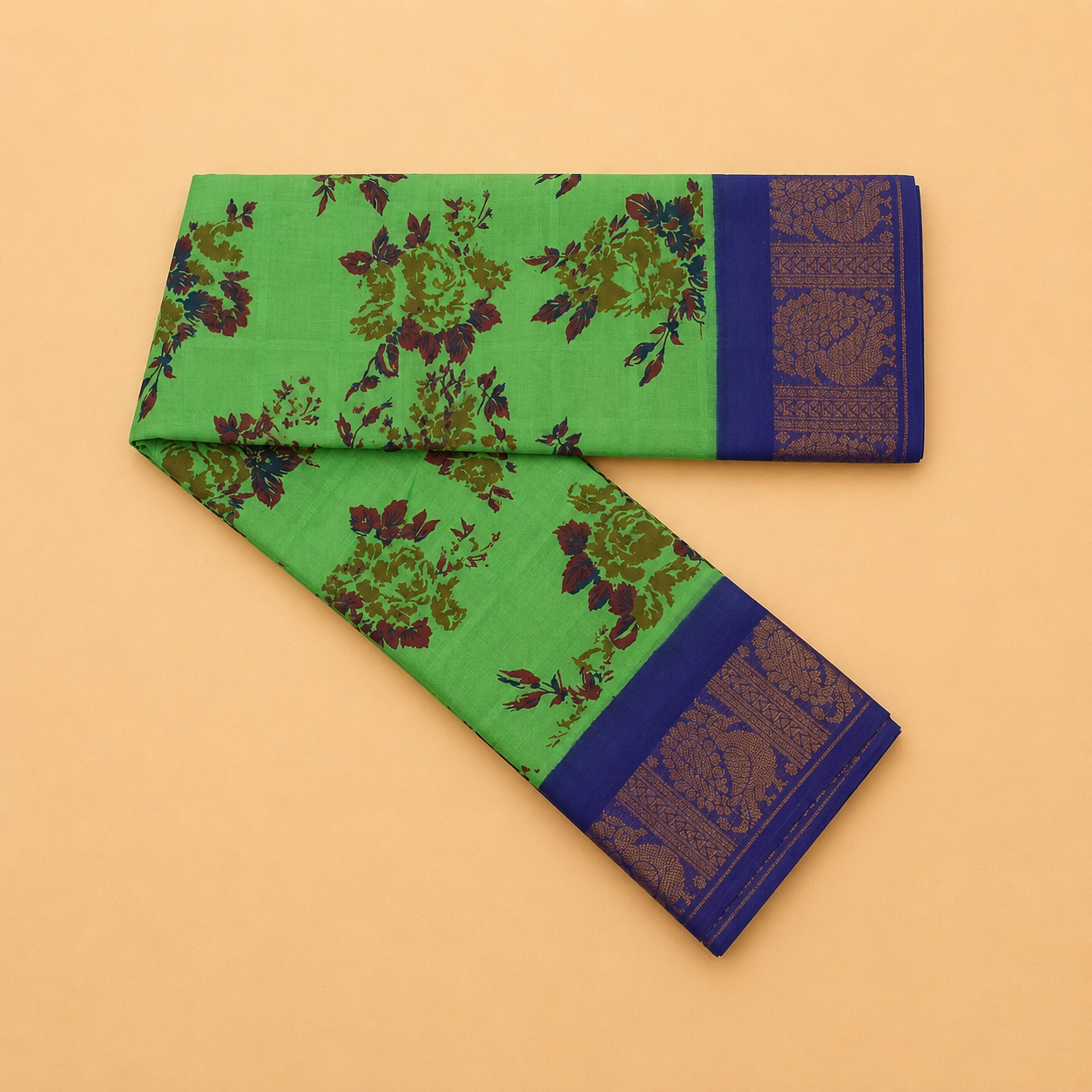 Parrot Green Floral Printed Saree with Navy Blue Peacock Border
