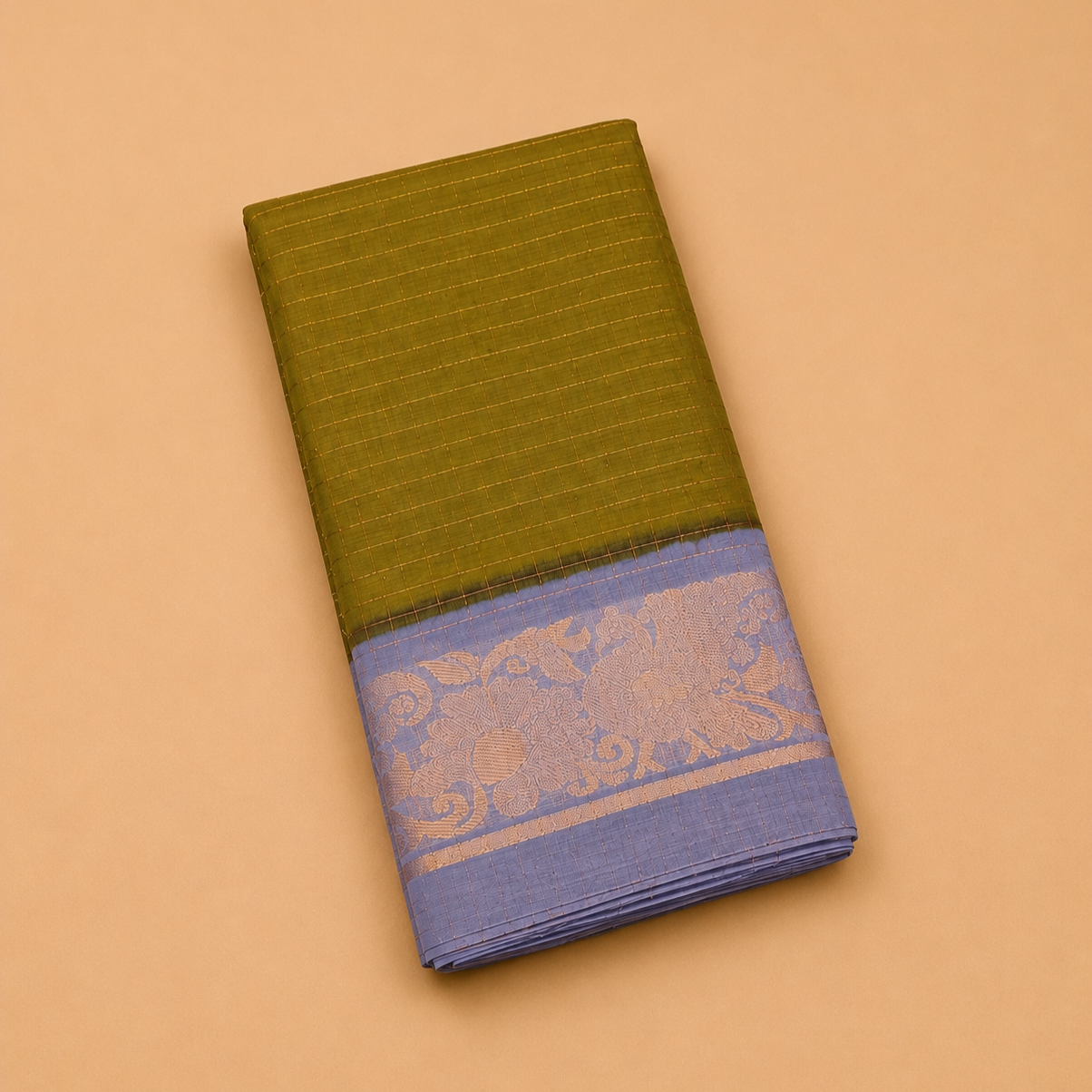 Beautiful Olive Green Cotton Saree with Gold Zari Border