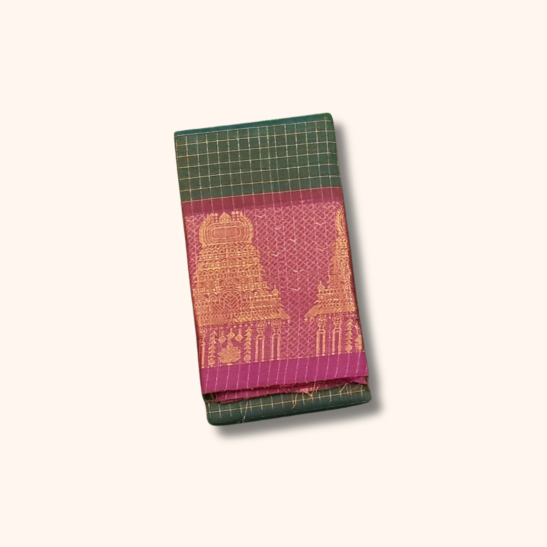 Bottle Green Temple Border Cotton Saree with Magenta Pallu Separate Blouse Piece