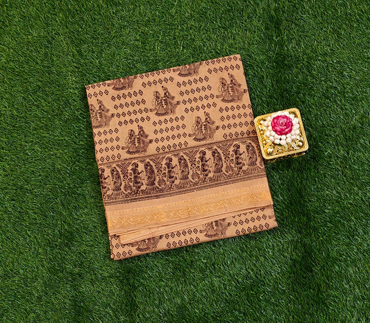 Beige Brown Printed with Traditional Art Border Sungudi Cotton Saree