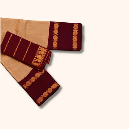 Beige & Maroon Sungudi Cotton Saree with Traditional Zari Border – Separate Blouse