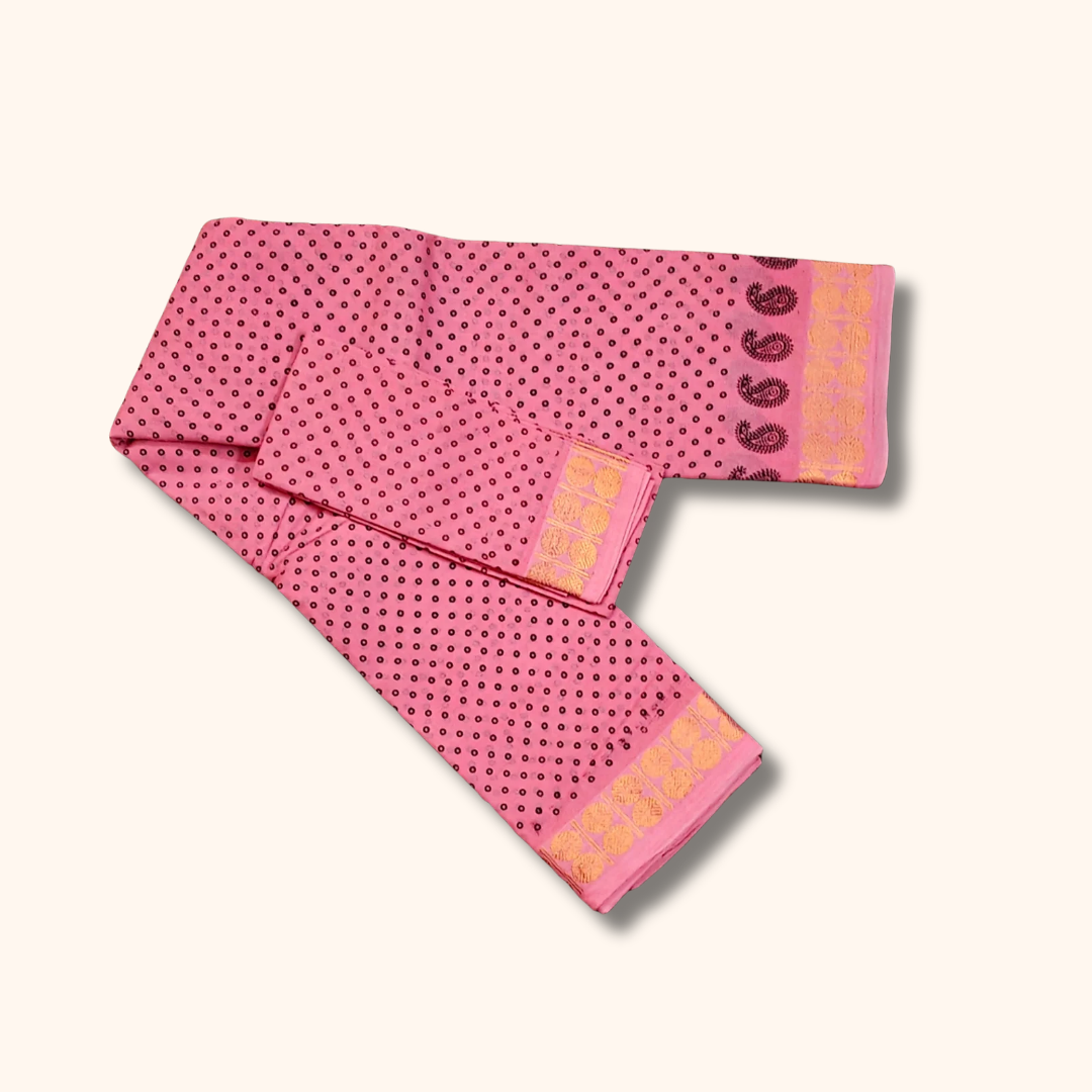 Baby Pink Printed Sungudi Cotton Saree with Separate Blouse Piece